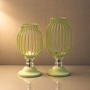 Modern Green Metal Candle Holder Set | Decorative Open Frame Lanterns