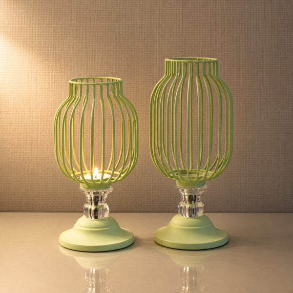 Modern Green Metal Candle Holder Set | Decorative Open Frame Lanterns
