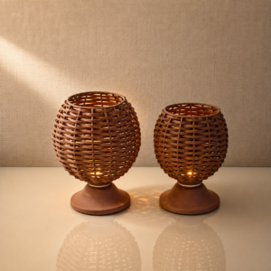 Handwoven Brown Rattan Table Lamp Set | Decorative Woven Bedside Lamps
