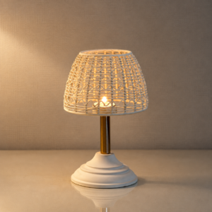 Handwoven White Rattan Table Lamp | Decorative Bedside Accent Lamp
