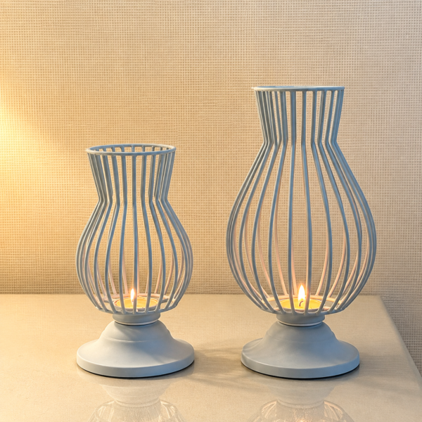 Modern White Metal Candle Holder Set | Decorative Open Frame Lanterns