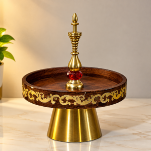 Round Wooden & Gold Decorative Tray with Finial