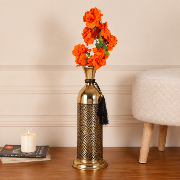 Luxury Metal Floor Vase with Black Textured Pattern & Gold Finish