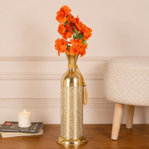Decorative Metal Floor Vase with White Mesh Pattern & Gold Finish