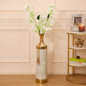 Luxury Metal Floor Vase with White Diamond Mesh Design & Gold Finish