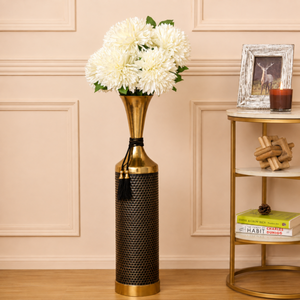 Modern Metal Floor Vase with Black Honeycomb Pattern & Gold Finish