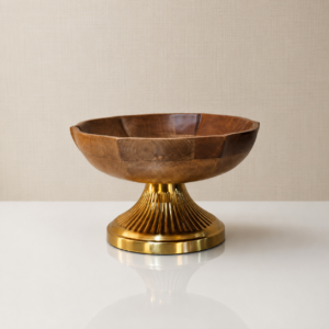 Brown Wooden Pedestal Bowl with Fluted Golden Base