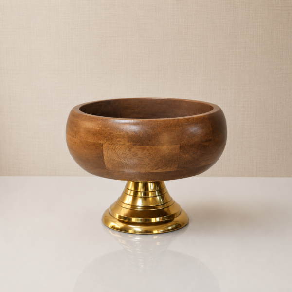 Brown Wooden Pedestal Bowl with Brass Base