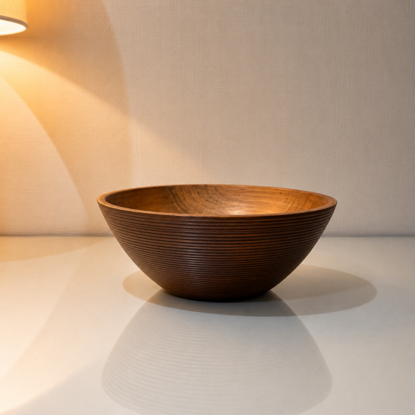 Handcrafted Wooden Bowl with Fine Ribbed Texture