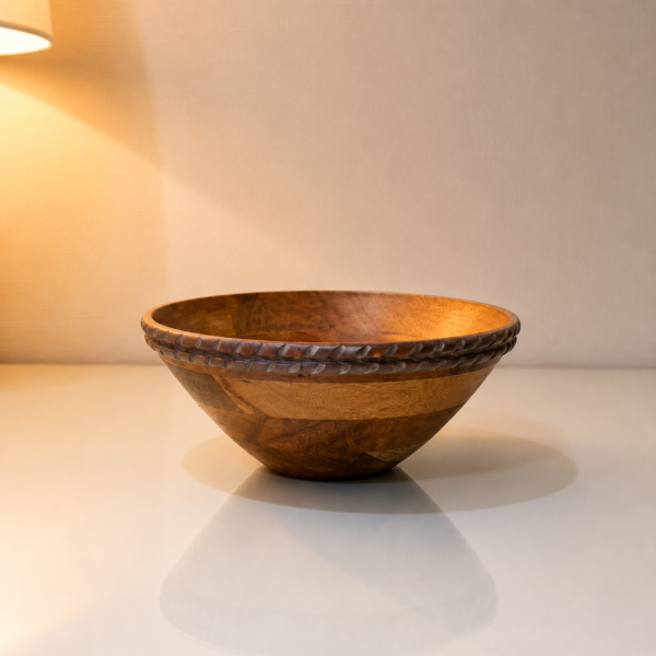 Handcrafted Wooden Bowl with Decorative Carved Rim