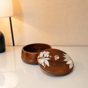 Handcrafted Wooden Storage Box with Floral Lid & Crystal Knob