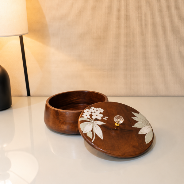 Handcrafted Wooden Storage Box with Floral Lid & Crystal Knob