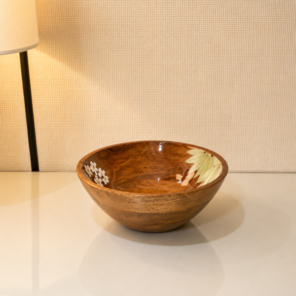 Handcrafted Wooden Decorative Bowl with Floral Leaf Design