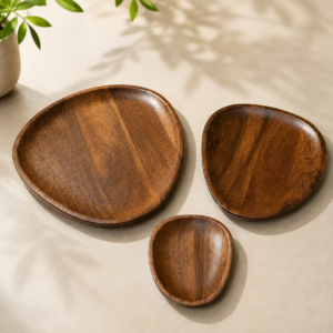 Set of 3 Handcrafted Wooden Decorative Trays in Natural Brown Finish