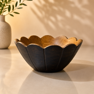 Handcrafted Wooden Decorative Bowl with Scalloped Edge Design
