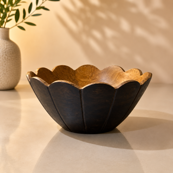Handcrafted Wooden Decorative Bowl with Scalloped Edge Design
