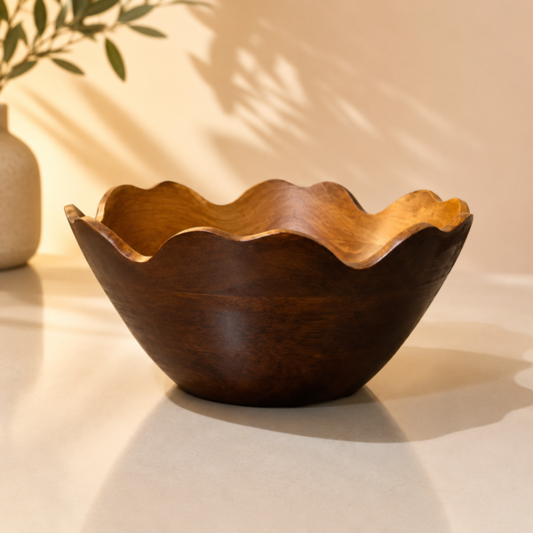 Handcrafted Wooden Decorative Bowl with Wavy Edge Design