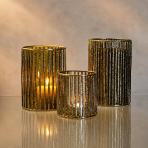 Golden Metal Candle Holder Set with Vertical Slat Design