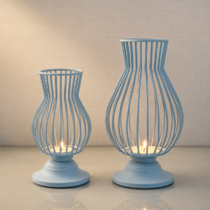 Blue Metal Lantern Candle Holder Set