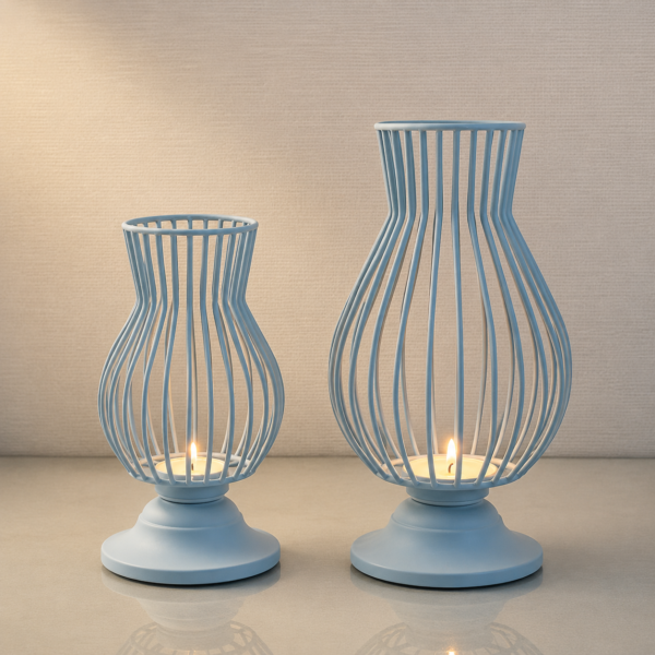 Blue Metal Lantern Candle Holder Set