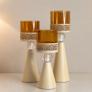 Set of 3 Golden Glass Candle Holders with Decorative Metal Design