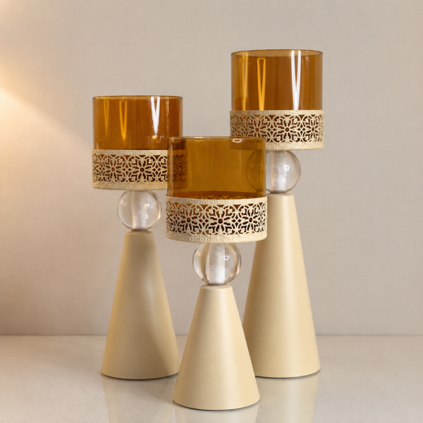 Set of 3 Golden Glass Candle Holders with Decorative Metal Design