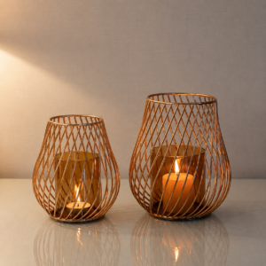 Set of 2 Golden Metal Tealight Candle Holders with Glass Cups
