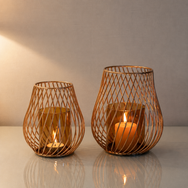 Set of 2 Golden Metal Tealight Candle Holders with Glass Cups