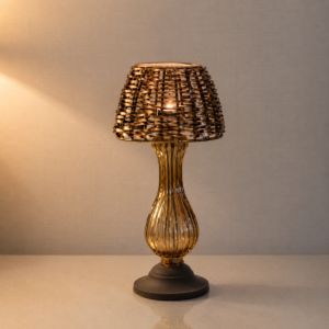 ChatGPT Image Aug 9, 2026, 08_10_18 AM Golden Metal Candle Holder with Woven Shade & Sculpted Base