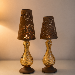Set of 2 Golden Decorative Candle Holders with Cutwork Shades