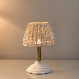 Woven Table Lamp with Cream Shade & Golden Accent