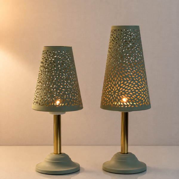 Set of 2 Olive Green Floral Cutwork Table Lamps