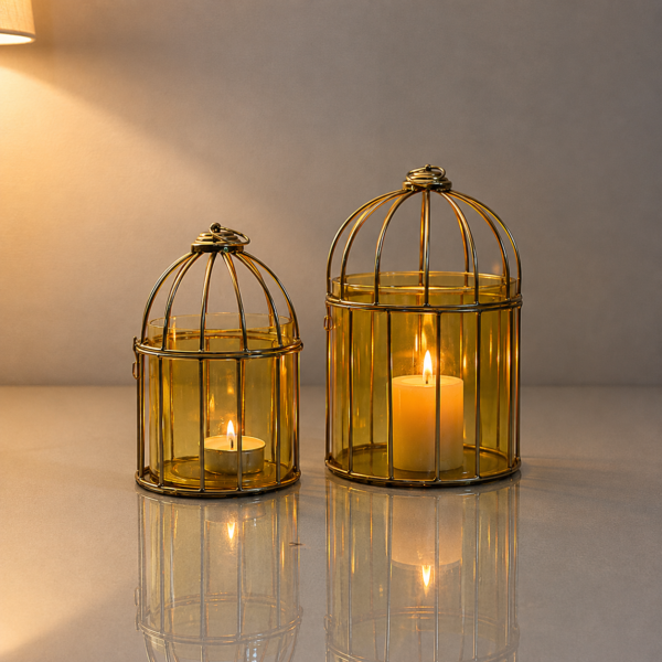 Gold Metal Birdcage Candle Holder Set of 2