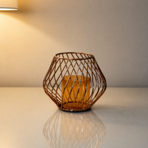 Bronze Geometric Wire Candle Holder with Amber Glass