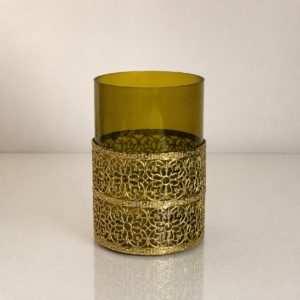 ChatGPT Image Aug 9, 2026, 09_11_43 AM Olive Green Glass Candle Holder with Gold Floral Design