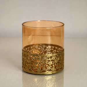 Amber Glass Candle Holder with Gold Floral Filigree