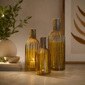 Decorative Glass Candle Holder Set | Ribbed Amber Glass Lanterns