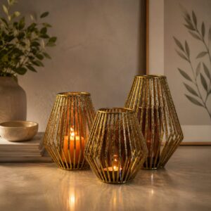 Modern Metal Candle Holder Set | Geometric Gold Lanterns