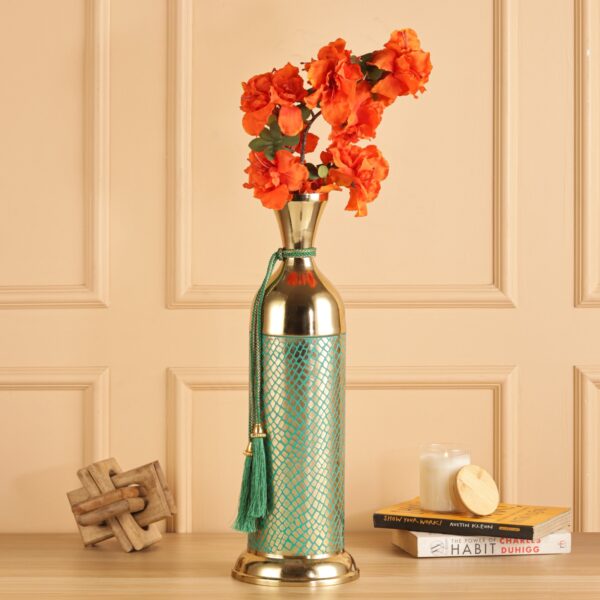 Luxury Metal Floor Vase with Turquoise Diamond Pattern & Gold Finish