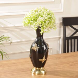 Decorative Metal Flower Vase with Golden Butterfly Accents & Black Gloss Finish