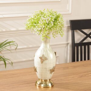 Decorative Metal Flower Vase with Butterfly Design & Antique White Finish