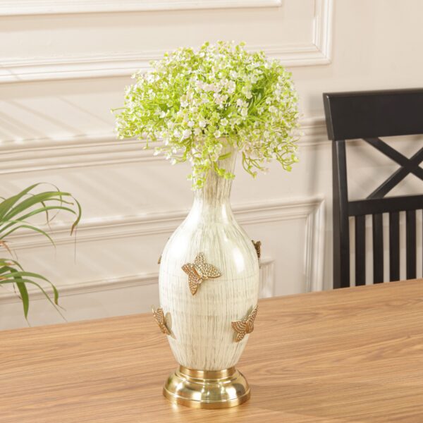 Decorative Metal Flower Vase with Butterfly Design & Antique White Finish