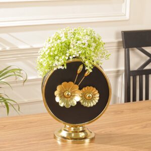 Modern Round Metal Flower Vase with Golden Floral Design & Black Finish