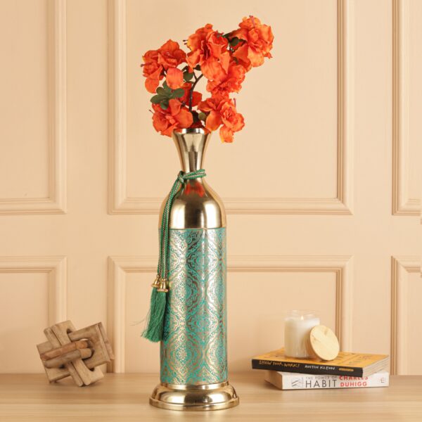 Decorative Metal Floor Vase with Turquoise Moroccan Pattern & Gold Finish