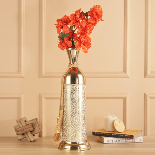 Luxury Decorative Metal Floor Vase with White Ornamental Pattern & Gold Finish