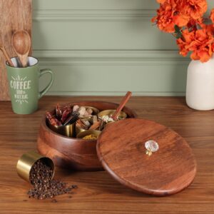 Handcrafted Wooden Masala Box with Brass Spice Containers