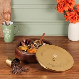 Wooden Masala Box with Brass Spice Containers & Decorative Lid