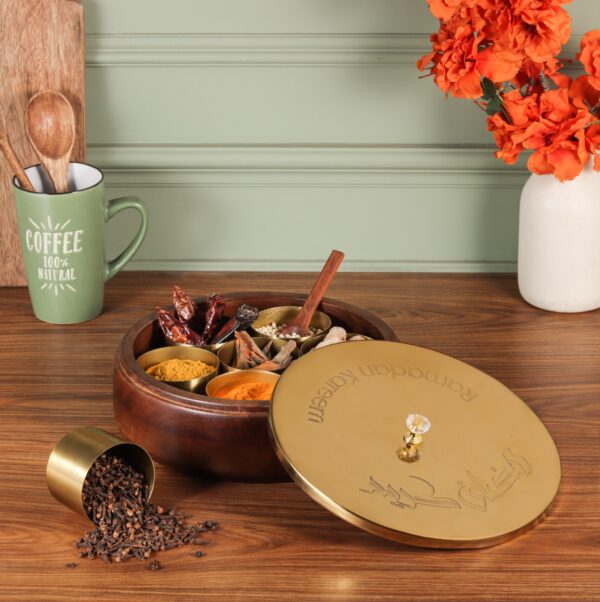 Wooden Masala Box with Brass Spice Containers & Decorative Lid