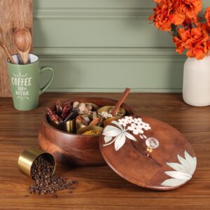 Handcrafted Wooden Masala Box with Brass Spice Bowls & Floral Lid