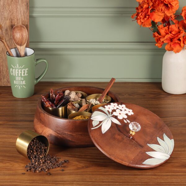 Handcrafted Wooden Masala Box with Brass Spice Bowls & Floral Lid